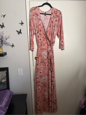 Floral Wrap Maxi Dress in Coral Pink Janette